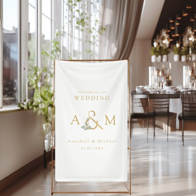 Banderoles Monogramme, Eucalyptus Ampersand, Blanc & Or (Elegant, Modern, Simple, Monogram, Eucalyptus Ampersand, White & Gold Wedding Banner.)
