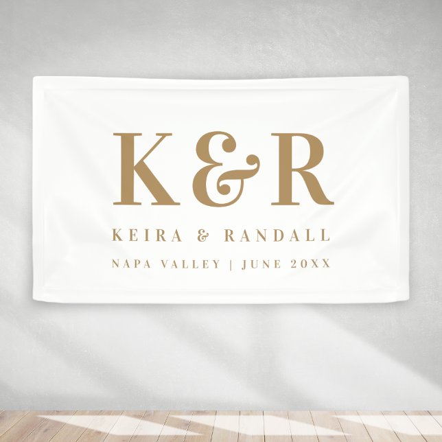 Banderoles Monogramme mariage minimum or et blanc (Elegant gold & white custom vinyl banner wedding sign decor.)