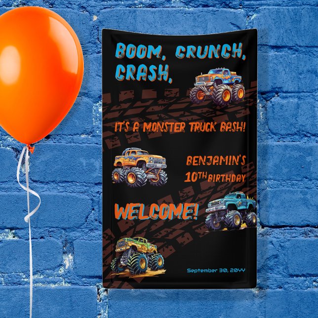 Banderoles Monster Truck Bash Boy 10e fête d'anniversaire ("Boom, Crunch, Crash, It's A Monster Truck Bash" Boy's 10th Birthday Party 3' x 5' banner)