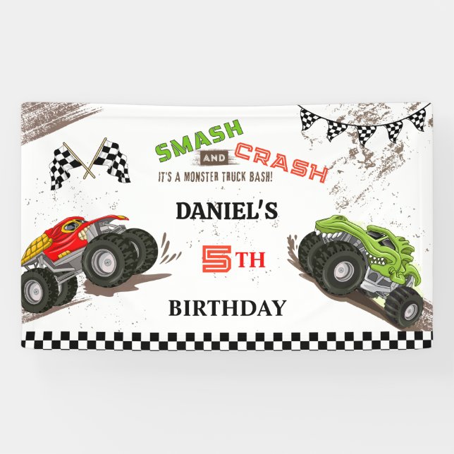 Banderoles Monster truck smash and crash cute 5th birthday (Horizontal)