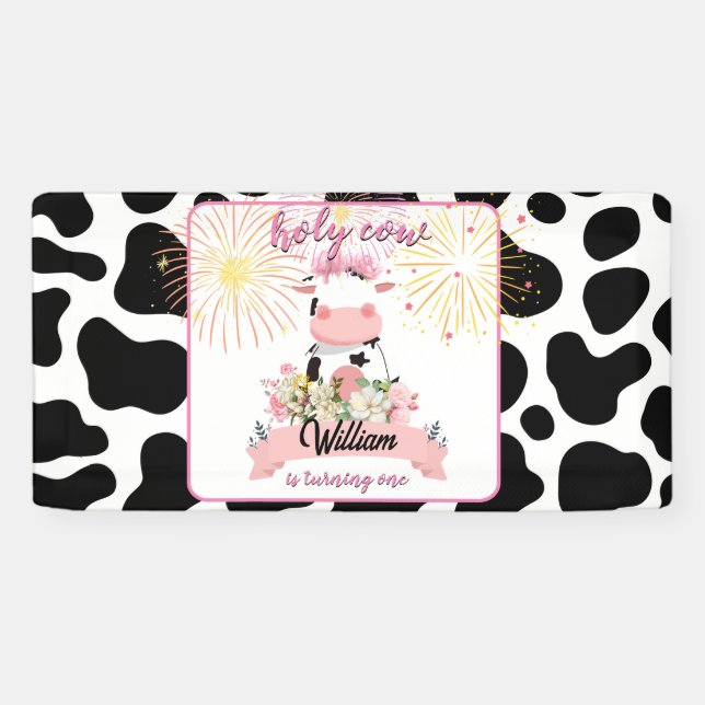 Banderoles Moo mignon rose floral Saint-Vache 1er anniversair (Horizontal)