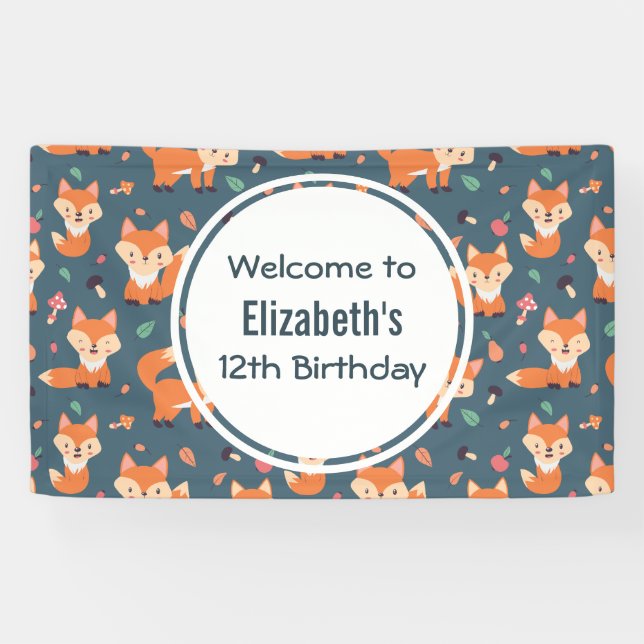 Banderoles Motif animal du renard orange mignon Anniversaire (Horizontal)