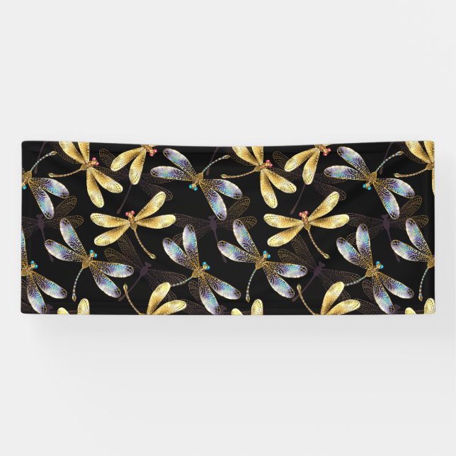 Banderoles Motif sans couture avec libellules d'or (Horizontal)