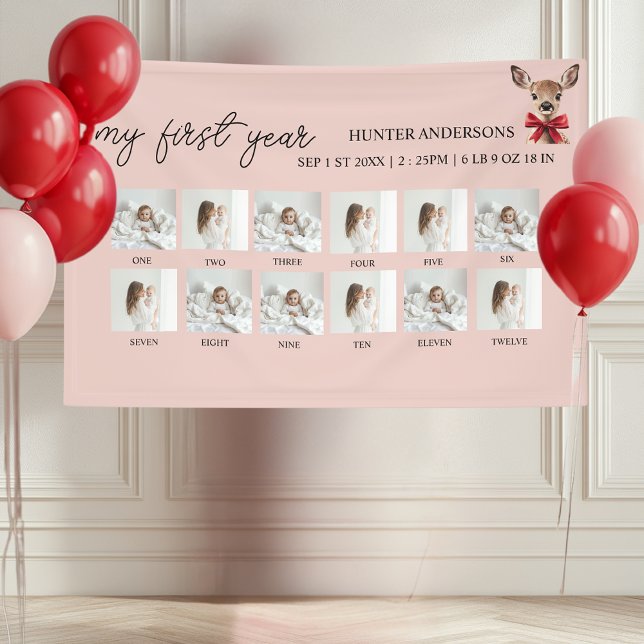 Banderoles My First Year 12-Photo Pink & Red Deer | Woodland  (Créateur téléchargé)