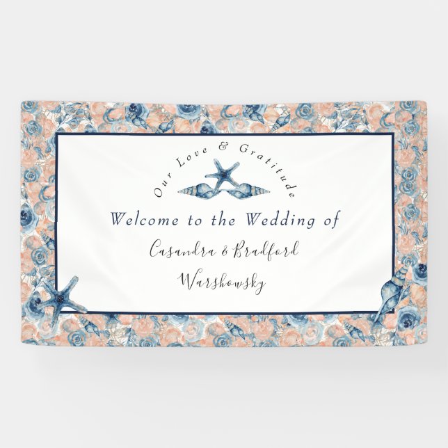 Banderoles Nautique Mariage Beach Seashell Rose lune de miel (Horizontal)