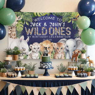 Banderoles Navy Blue jumeaux jungle animaux 1er anniversaire