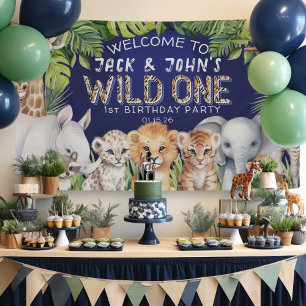 Banderoles Navy Blue jumeaux jungle animaux 1er anniversaire 