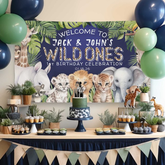 Banderoles Navy Blue jumeaux jungle animaux 1er anniversaire  (Twins wild one, navy blue jungle safari 1st birthday welcome backdrop, Baby boy first birthday.)