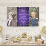 Banderoles N'IMPORTE QUELLE Oeuvre D'Anniversaire Brossé Purp<br><div class="desc">Celebrate a happy milestone birthday with a custom 2 photo purple and gold party banner. Design objets two images of your choice, modern script calligraphy editable "Cheers to 50 Years" and gold faux foil confeti dots on a purple brushed stainless steel background. Please note that gold is printed color, not...</div>