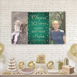 Banderoles N'IMPORTE QUELLE Oeuvre d'Anniversaire Brossé Vert<br><div class="desc">Célébrez un joyeux anniversaire d'étape avec une bannière personnalisée 2 photo vert et or fête. Design comprend deux images de votre choix, la calligraphie script moderne éditable "Cheers to 50 Years" et des points de confetti en fausse feuille d'or sur un arrière - plan en acier inoxydable faux vert brossé....</div>