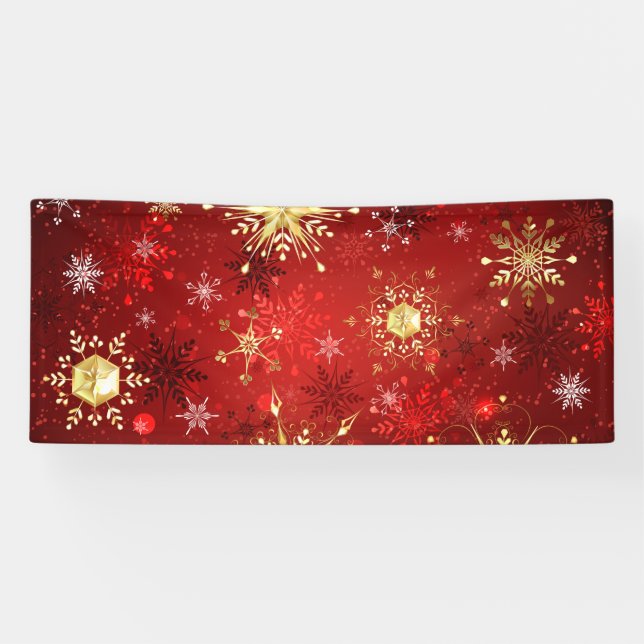Banderoles Noël Golden Snowflakes sur Arrière - plan rouge (Horizontal)