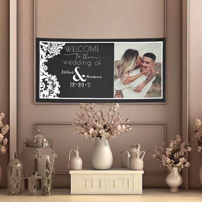 Banderoles Noir et blanc moderne Elégant Damas Bienvenue (elegant black and white wedding welcome sign banner with couple's photo)