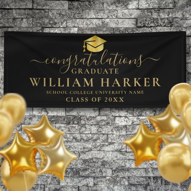 Banderoles Noir et or Élégant Moderne Script Remise des diplô (Black And Gold Elegant Modern Script Graduation Banner)