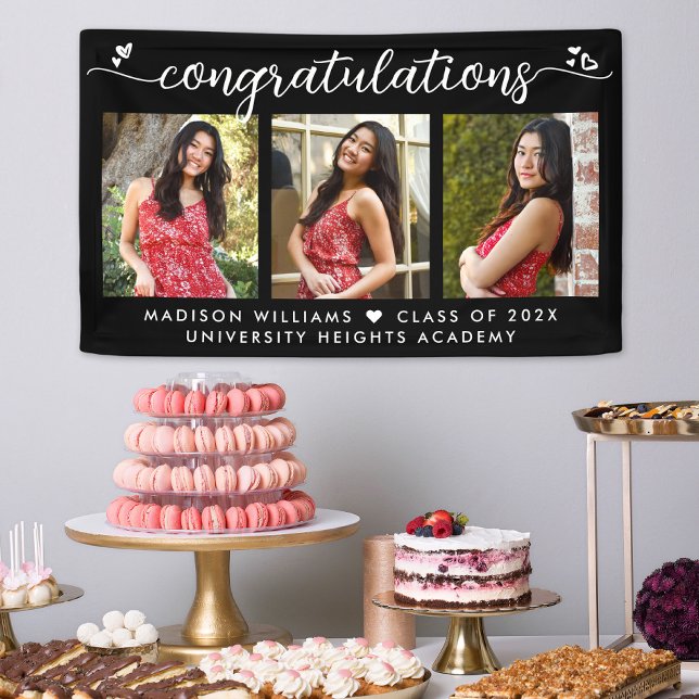 Banderoles Noir Graduation 3 Photo Moderne Calligraphie Coeur (Créateur téléchargé)