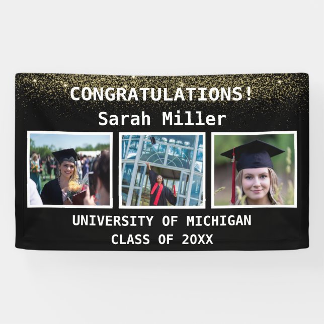 Banderoles Noir & Or 3 Classe de Graduation Photo de 2025 (Horizontal)