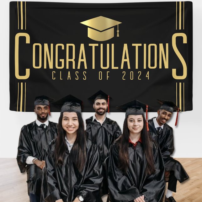 Banderoles Noir & Or Félicitations Classe De Graduation (Black & Gold Congratulations Class Of Graduation Banner)