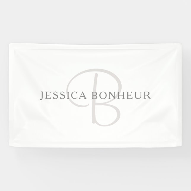 Banderoles Nom élégant Monogramme | Blanc et gris (Horizontal)