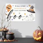 Banderoles Notre petit Boo doit Baby shower d'Halloween<br><div class="desc">Notre petit boo est presque dû Halloween aquarelle plaques de baby shower. Ce design comprend un ballon citrouille orange,  2 fantômes et un casquette sorcier.</div>