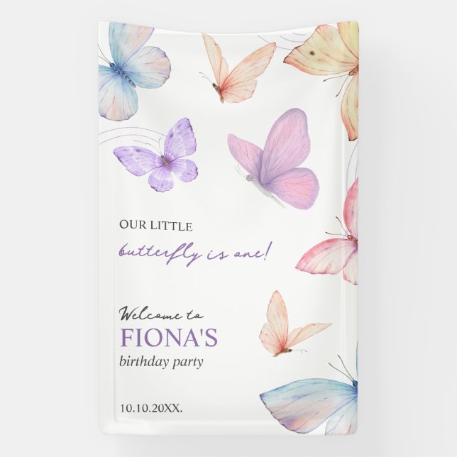 Banderoles Notre petit papillon Fille du 1er anniversaire Bie (Verticale)