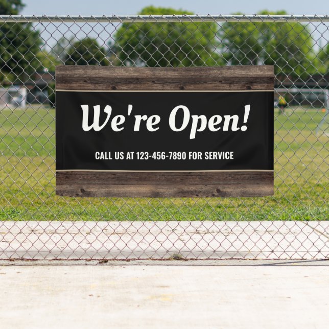 Banderoles Nous sommes Open Business Wood Rustic (En situation)