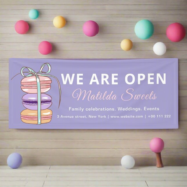 Banderoles Nous sommes Open Pâtisserie Chef Macaron Purple Bu (Créateur téléchargé)