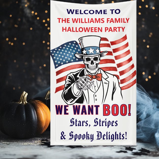Banderoles Nous voulons Boo Patriotic Halloween Party Bienven (Patriotic Uncle Sam Wants YOU BOO! Red white blue Spooky Skeleton Halloween Party Welcome Sign)