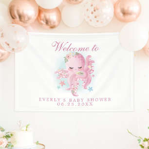 Banderoles Octopus rose Aquarelle Fille Baby shower Bienvenue