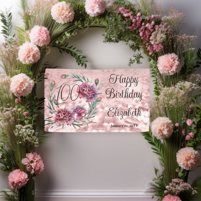 Banderoles Œillets roses élégants pour les 100 ans  (Elegant Pink and Mauve Carnations 100th Birthday Party 3 ft x 5 ft Banner)