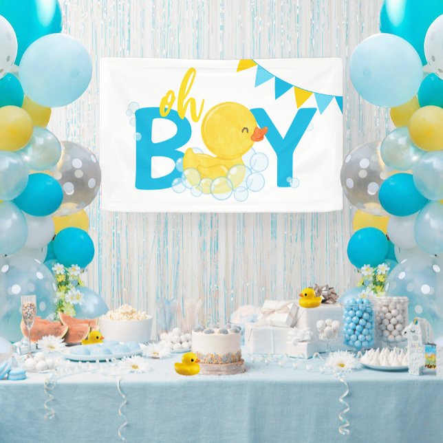 Banderoles Oh Boy Aquarelle en caoutchouc Baby shower canard (Oh Boy Watercolor Rubber Ducky Baby Shower Hanging Vinyl Banner in White)