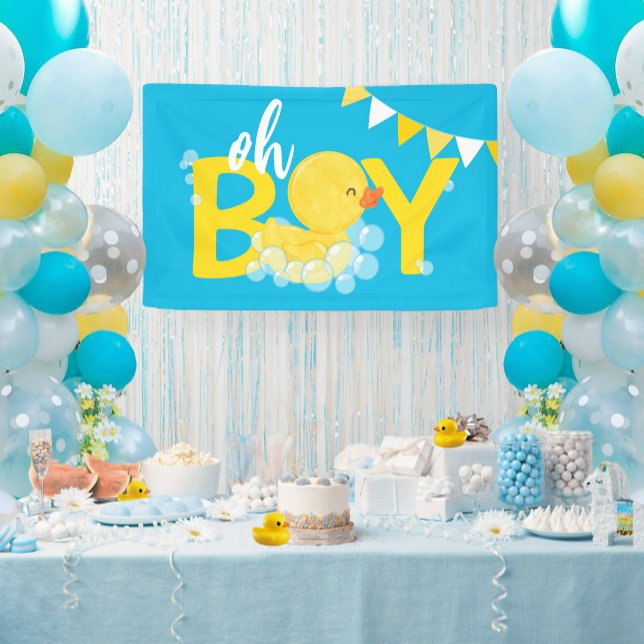 Banderoles Oh Boy Aquarelle en caoutchouc Baby shower canard (Oh Boy Watercolor Rubber Ducky Baby Shower Hanging Vinyl Banner in Blue)