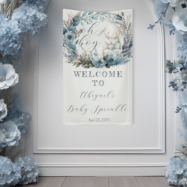 Banderoles Oh Garçon Lapin Lapin Blue Floral Baby Sprinky (Bunny Rabbit and Blue Floral Wreath Boy Baby Sprinkle Banner - "Oh Boy" Bunny Collection)