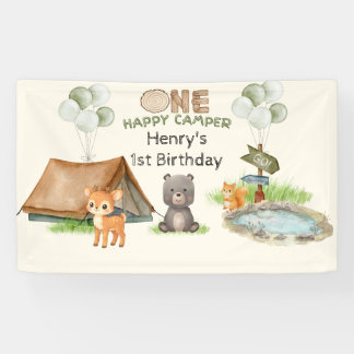 Banderoles One Happy Camper Wood Watercolor Animal Birthday