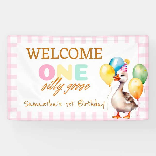 Banderoles One Silly Goose Rose Girl 1er anniversaire Bienven (Horizontal)