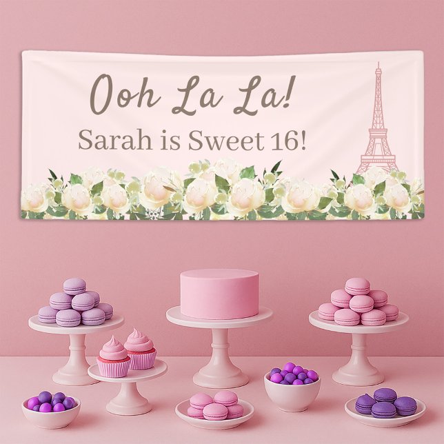 Banderoles Ooh La Sweet 16 Tour Eiffel Rose Blanc Floral (Blush pink Ooh La La Paris/Eiffel Tower Sweet 16 birthday party banner)