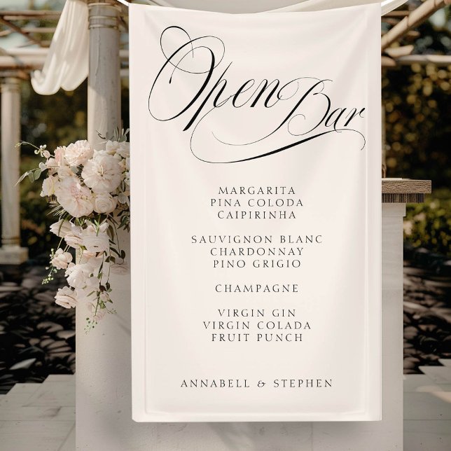 Banderoles Open Bar ! Moderne, Calligraphie, Beige ("Open Bar" Modern, Calligraphy, Beige, Drink Menu Banner for Wedding or other Occasions.)