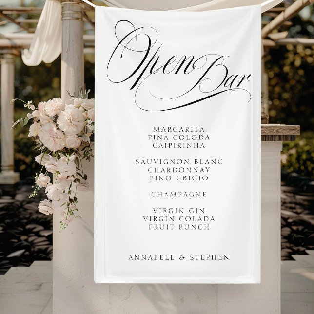 Banderoles Open Bar ! Moderne, Calligraphie, Blanc ("Open Bar" Modern, Calligraphy, White, Drink Menu Banner for Wedding or other Occasions.)