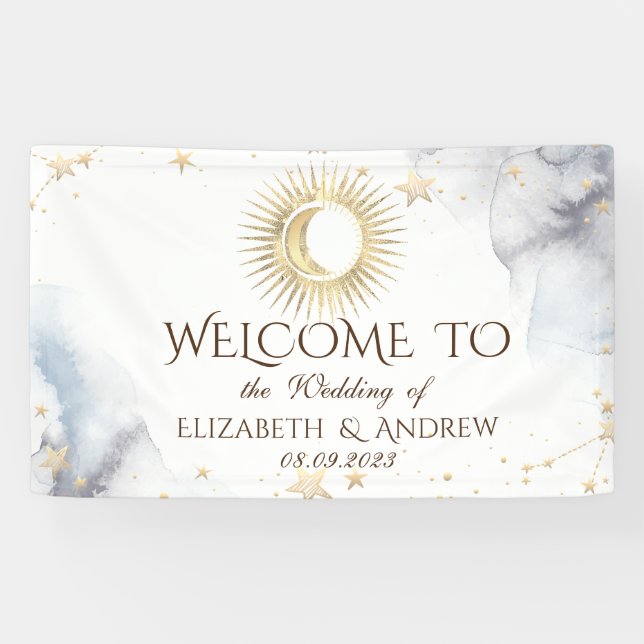 Banderoles Or céleste Soleil, Lune, Étoiles (Horizontal)