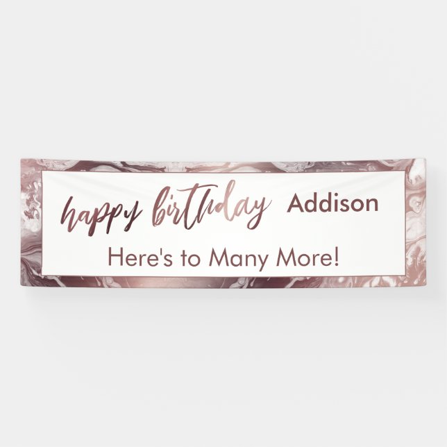 Banderoles Or et Marbre blanc Rose moderne Joyeux anniversair (Horizontal)
