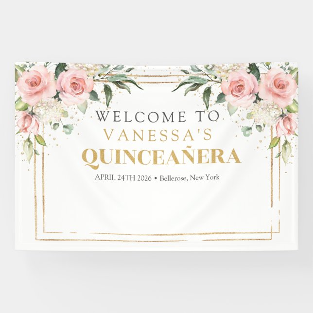 Banderoles Or floral rose clair Boho moderne Quinceañera (Horizontal)