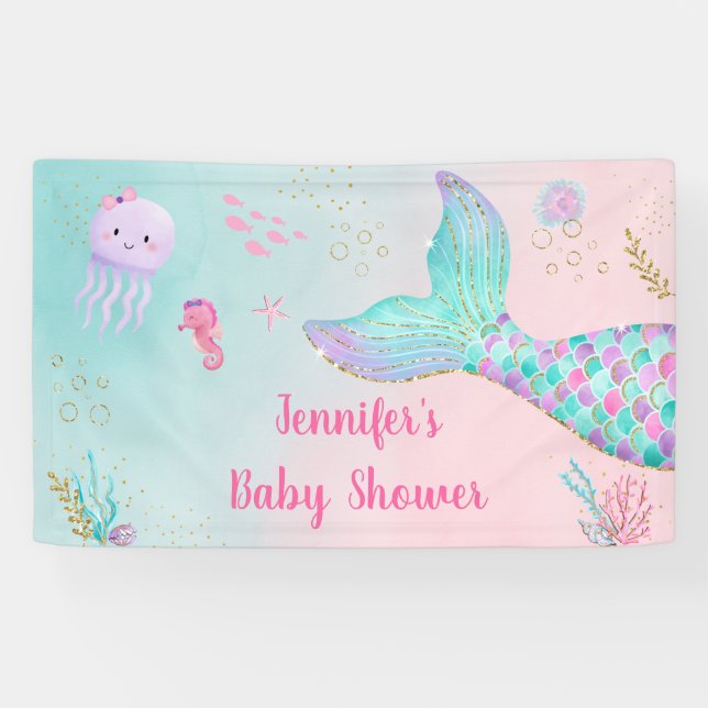 Banderoles Or rose Mermaid sous le Baby shower de la mer (Horizontal)