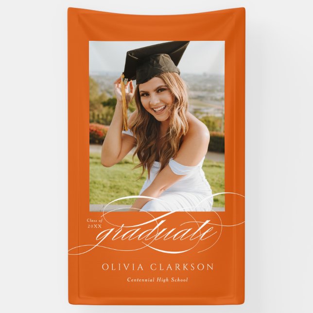 Banderoles Orange Elegant Script Graduation Photo Party (Vertical)
