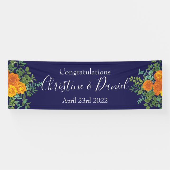 Banderoles Orange & Marine Blue Peony & Rose Floral Mariage (Horizontal)