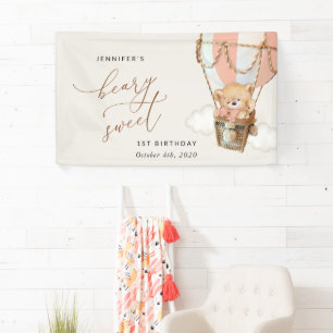 Banderoles Ours, Ballons à air chaud rose, premier anniversai