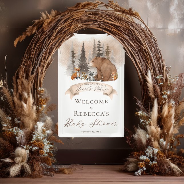 Banderoles Ours des bois |Animaux Baby shower Bearly Wait Boy (Rustic Woodland Bear and Forest Animals Boy "Bearly Wait" Baby Shower "Welcome" Vertical Banner)