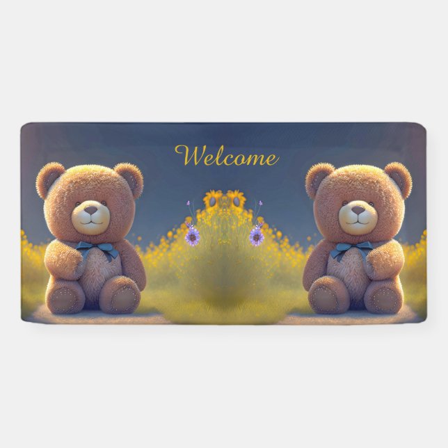 Banderoles Ours en peluche dans une prairie, baby shower mign (Horizontal)
