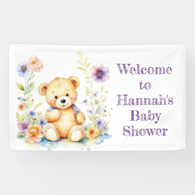Banderoles Ours en peluche en fleurs Baby shower de fille (Horizontal)