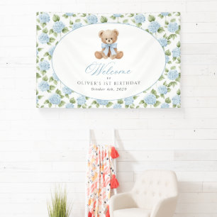 Banderoles Ours, Nœud, Fleurs Bleues, Bienvenue pour le Premi