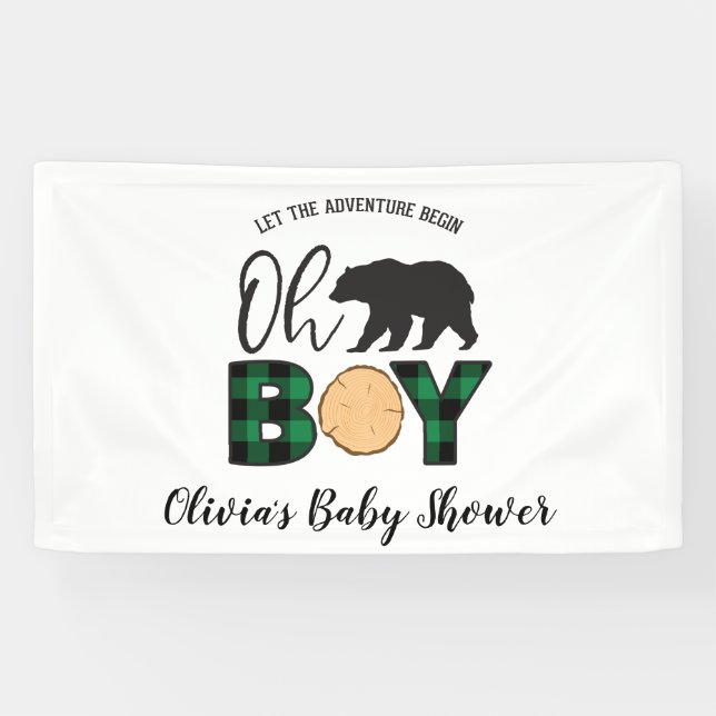 Banderoles Ours noir vert Buffalo Plaid Baby shower (Horizontal)