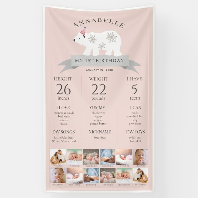 Banderoles Ours polaire rose 1er anniversaire Jalon Timeline (Vertical)