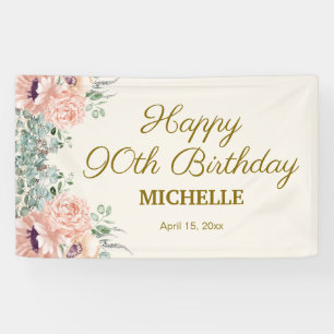 Banderoles Paillettes dorées florales roses Joyeux 90e annive